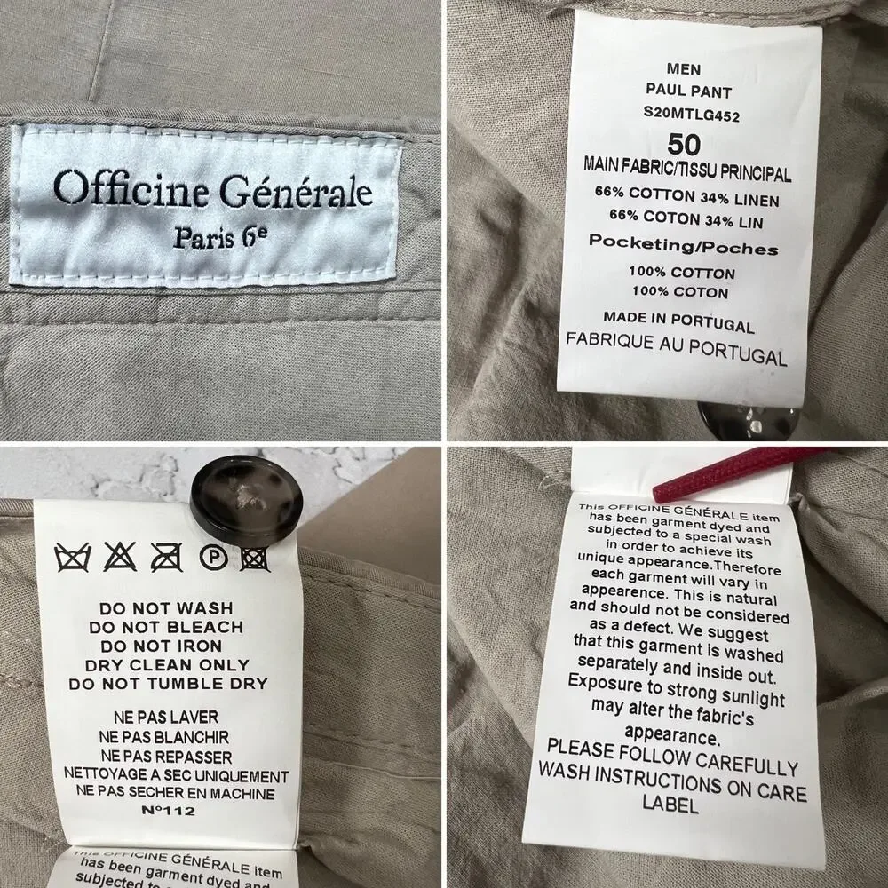 Officine Generale Paul Pant SIZE 50 US 34 Burnt Sand Cotton Linen Unhemmed